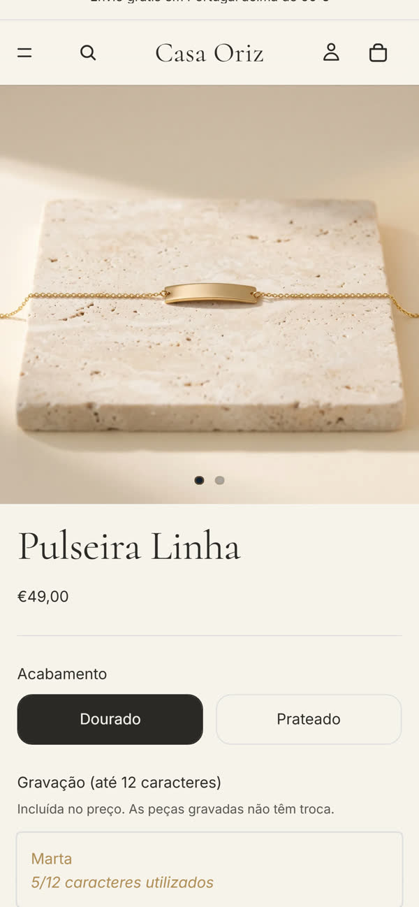 Página de produto da Casa Oriz no telemóvel, com o campo de gravação